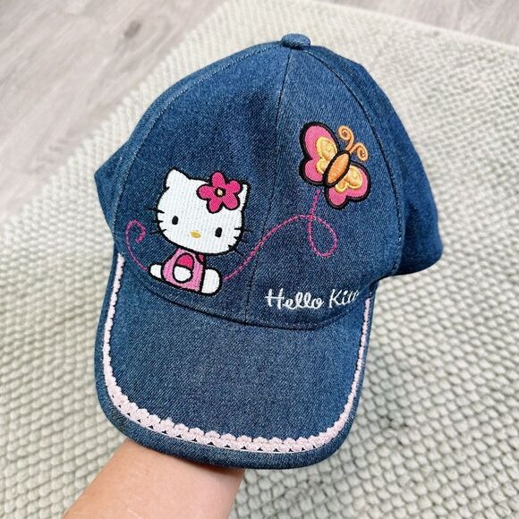 Sanrio Vintage 2004 Blue and Pink Hello Kitty Denim Cap - Picture 1 of 6
